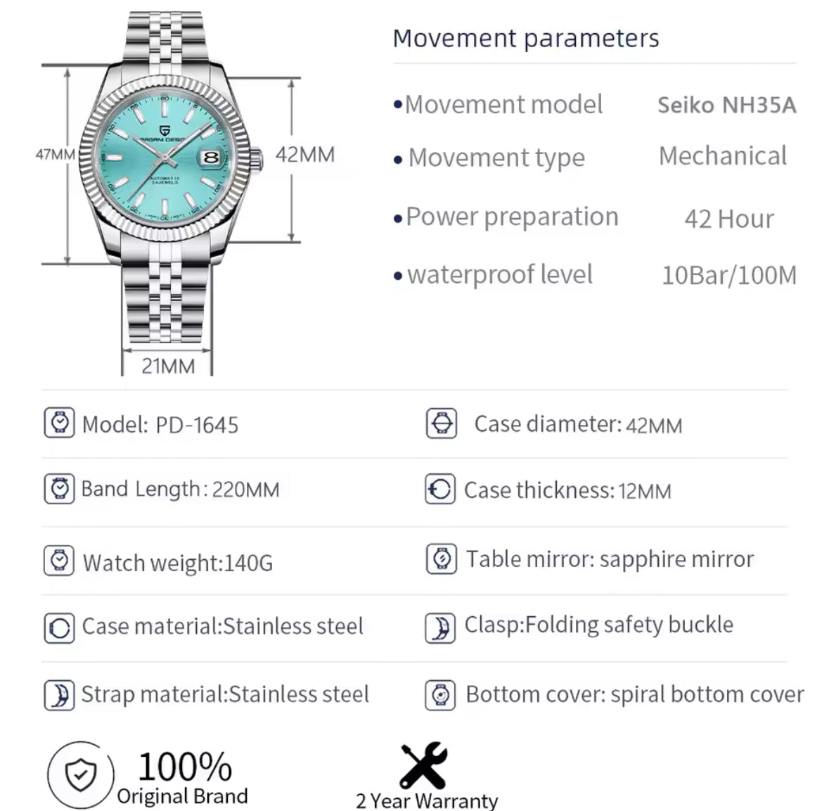 Luxus Edelstahl Automatik Uhr mit Datum
